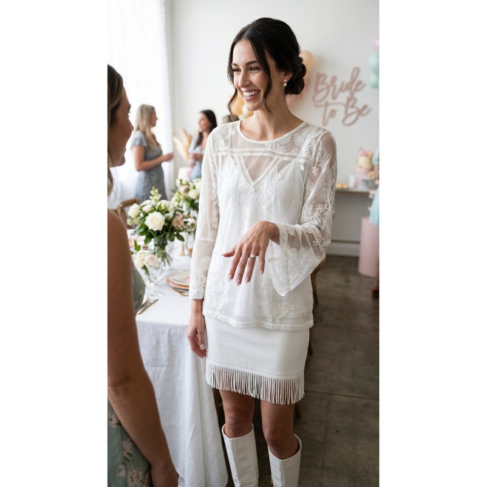 MINKPINK‎ White Mesh Embroidered Bell Sleeve Blouse with Camisole Liner M Bridal